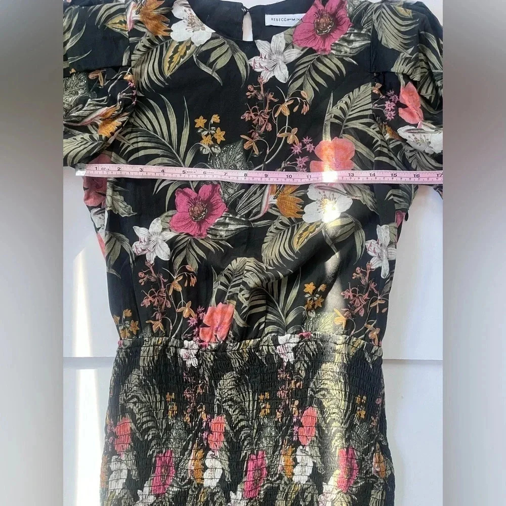 Rebecc Minkoff Black Floral Print Puff Sleeve Smocked Geneva Mini Size S - Picture 5 of 11